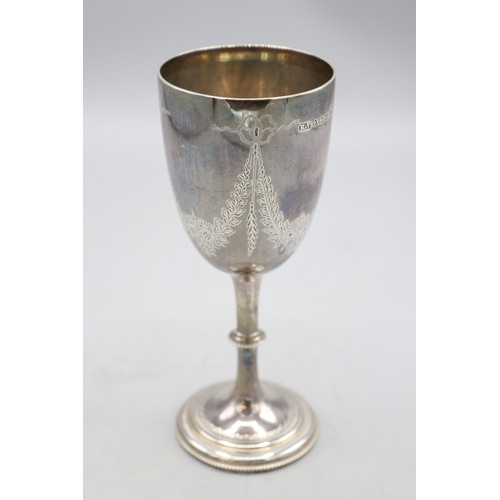 Victorian hallmarked silver goblet, bowl engraved with ribbon tied ...