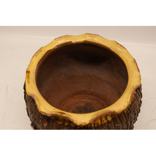 1008 - Barkware stoneware jardiniere, in the manner of Leeds Fire Clay, salt glazed handkerchief rim, H23cm... 