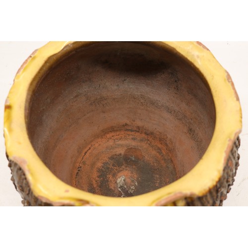 1008 - Barkware stoneware jardiniere, in the manner of Leeds Fire Clay, salt glazed handkerchief rim, H23cm... 