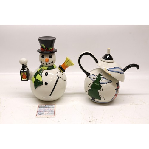 849 - Lorna Bailey The Snowman teapot, limited edition No.7/75, decorated holding a lantern and broom wear... 