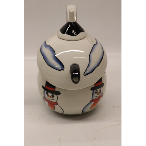 849 - Lorna Bailey The Snowman teapot, limited edition No.7/75, decorated holding a lantern and broom wear... 