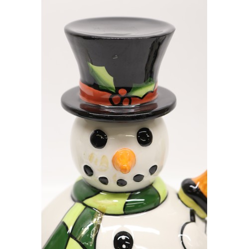 849 - Lorna Bailey The Snowman teapot, limited edition No.7/75, decorated holding a lantern and broom wear... 