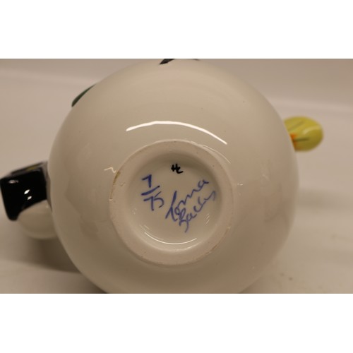 849 - Lorna Bailey The Snowman teapot, limited edition No.7/75, decorated holding a lantern and broom wear... 
