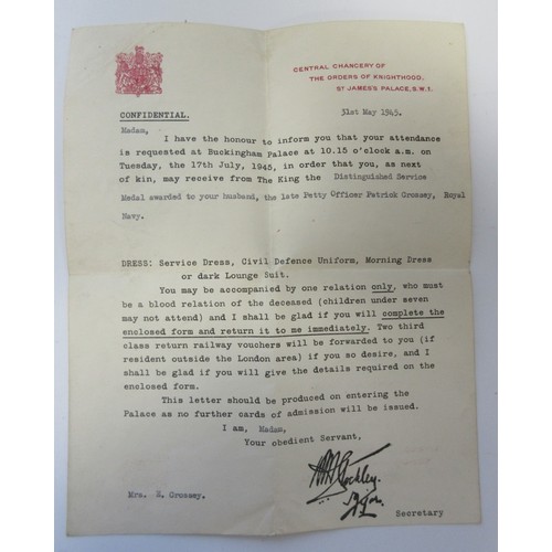  Family Archive and Medals To J.X.126572 Petty Officer Patrick Fenwick Crossey RN. Distinguished Serv... 