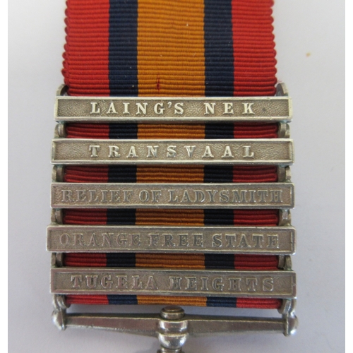  Queens South Africa Medal five clasps, Laing's Nek, Transvaal, Relief of Ladysmith, Orange Free Stat... 