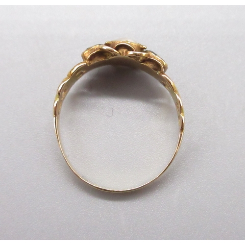 7 - Yellow metal 3 stone ring comprising 2 dark green stones and a pearl colour stone, size M 1/2 (1.3g)... 