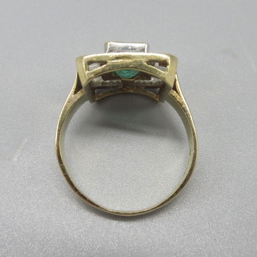 8 - 18ct yellow gold natural emerald and diamond cocktail ring, central baguette cut emerald in bezel se... 