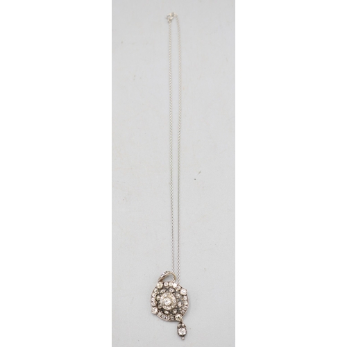 10 - Victorian multi stone old cut diamond brooch converted to pendant, on white metal chain stamped 950.... 