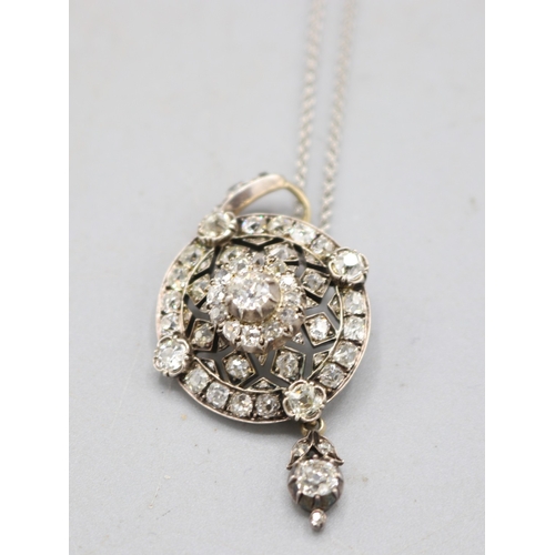 10 - Victorian multi stone old cut diamond brooch converted to pendant, on white metal chain stamped 950.... 