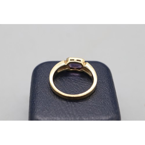 5 - Stamped 9ct yellow gold amethyst diamond rub over set ring featuring 1 portrait set emerald cut amet... 