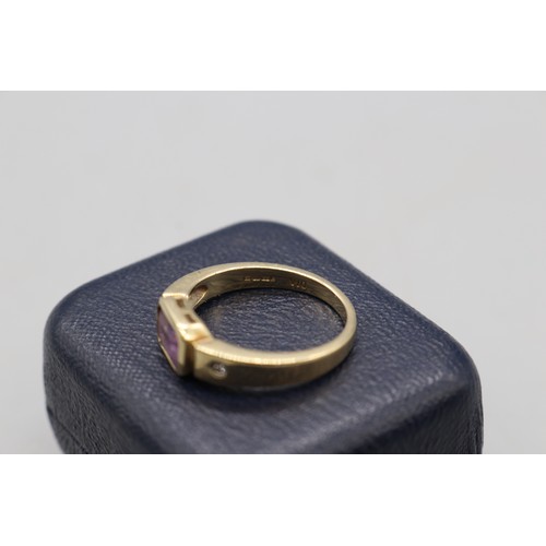 5 - Stamped 9ct yellow gold amethyst diamond rub over set ring featuring 1 portrait set emerald cut amet... 