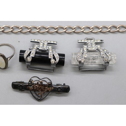 18 - Mixed silver and white metal items comprising a hallmarked silver curb link bracelet with padlock cl... 