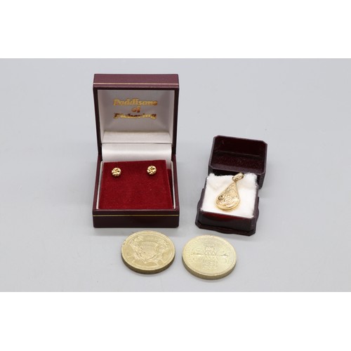 24 - Mixed lot comprising a hallmarked 9ct yellow gold engraved locket, weight 1.34g; a pair of small yel... 