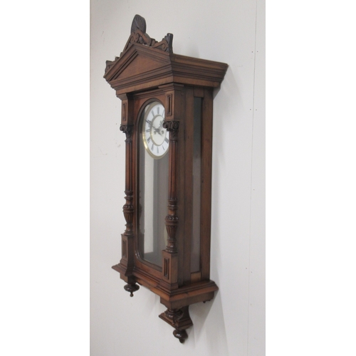 376 - Gustav Becker type 8 day walnut Vienna wall clock, arched pediment over full length glazed door flan... 