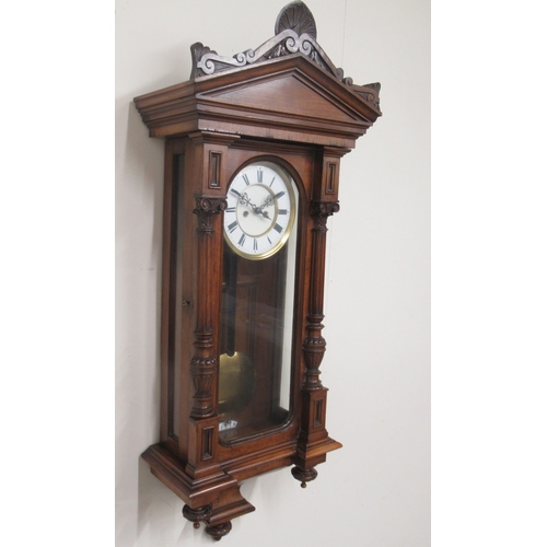 376 - Gustav Becker type 8 day walnut Vienna wall clock, arched pediment over full length glazed door flan... 