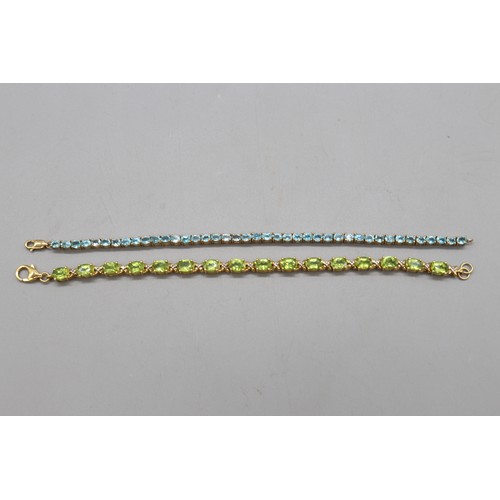 31 - Mixed lot of two contemporary sterling silver tennis bracelets set with semi-precious stones: one ye... 
