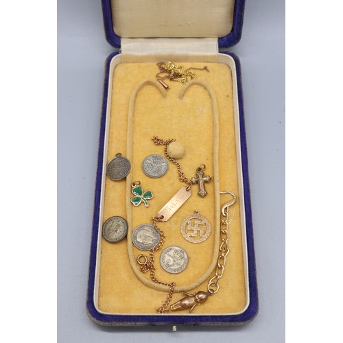 34 - Mixed precious metal lot comprising a stamped 14k ID bracelet engraved “Sylvia” with a curb link cha... 
