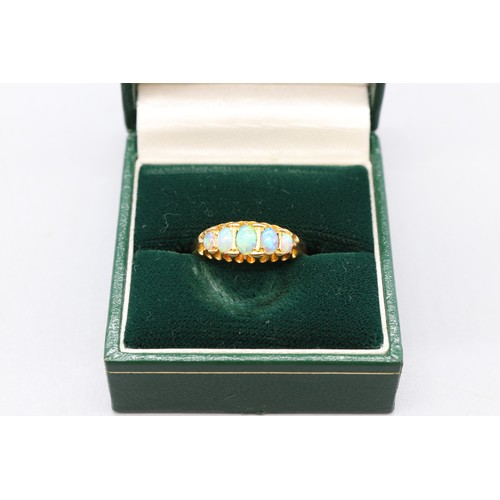 44 - 18ct yellow gold Victorian Boat head style 5 stone opal ring with 5 graduated opals size O, weight 4... 