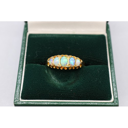 44 - 18ct yellow gold Victorian Boat head style 5 stone opal ring with 5 graduated opals size O, weight 4... 