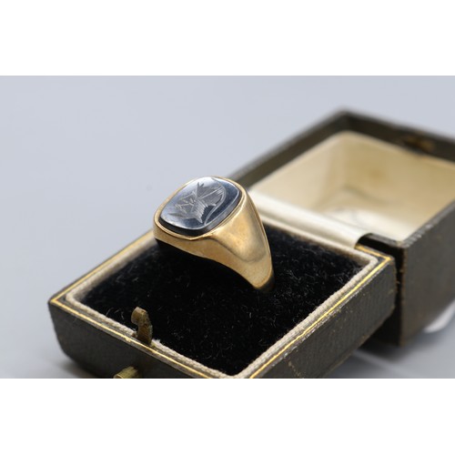 46 - 9ct hallmarked yellow gold hematite Centurion engraved signet ring, size R, weight 4.5g
Bradley's Sh... 