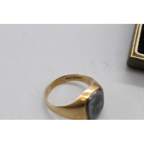 46 - 9ct hallmarked yellow gold hematite Centurion engraved signet ring, size R, weight 4.5g
Bradley's Sh... 