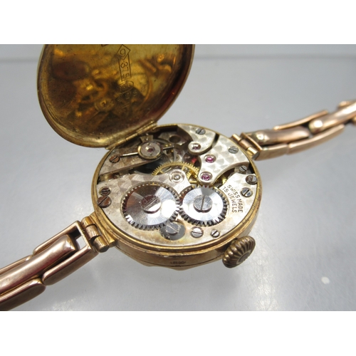 52 - Swiss ladies 9ct rose gold wristwatch on Premo 9ct gold expanding bracelet, stamped 9ct, silver engi... 