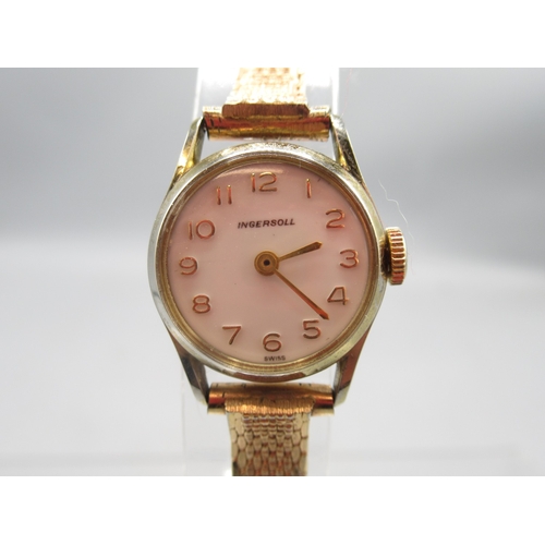 52 - Swiss ladies 9ct rose gold wristwatch on Premo 9ct gold expanding bracelet, stamped 9ct, silver engi... 