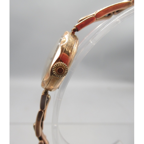 52 - Swiss ladies 9ct rose gold wristwatch on Premo 9ct gold expanding bracelet, stamped 9ct, silver engi... 