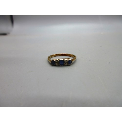 48 - 18ct yellow gold sapphire and diamond bezel-set trilogy ring, comprising three pale blue sapphire st... 