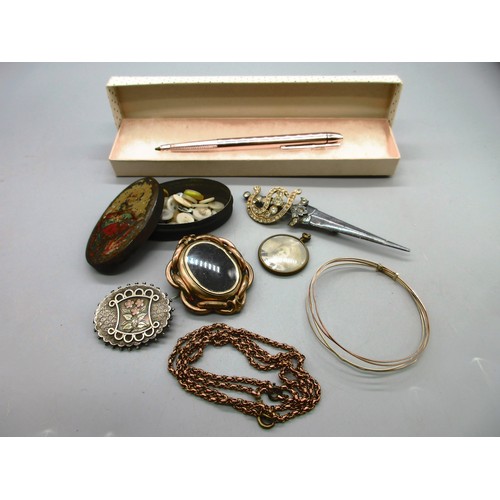 51 - Lot of mixed miscellaneous metalware and jewellery comprising a brass double-sided locket; a white m... 