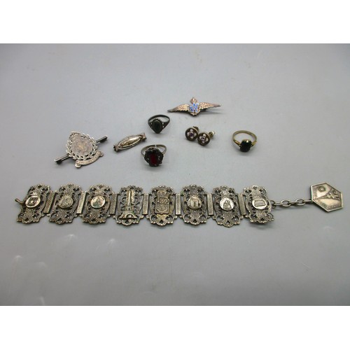 55 - White metal mixed jewellery comprising a decorative French silver “Paris” bracelet with landmark sce... 