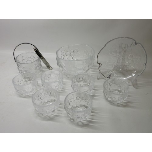 708 - Kosta Boda Sweden, grape design glassware, six bowls, one matching fruit bowl, one ice bucket with t... 