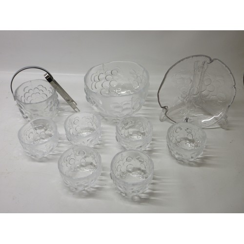 708 - Kosta Boda Sweden, grape design glassware, six bowls, one matching fruit bowl, one ice bucket with t... 