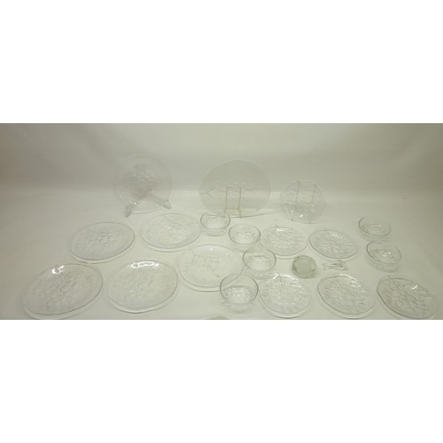 709 - Kosta Boda Sweden grape design glassware, six plates, six side plates, six fruit bowls, one cheese p... 