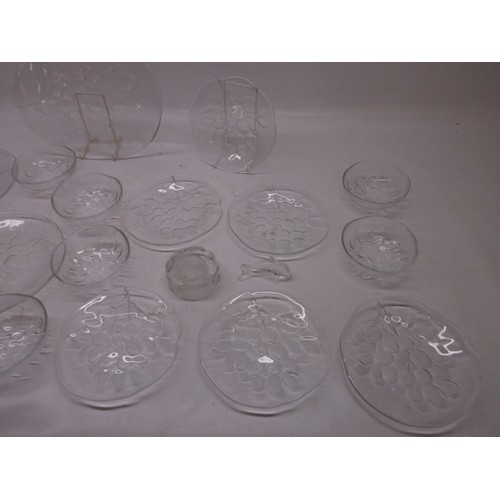 709 - Kosta Boda Sweden grape design glassware, six plates, six side plates, six fruit bowls, one cheese p... 