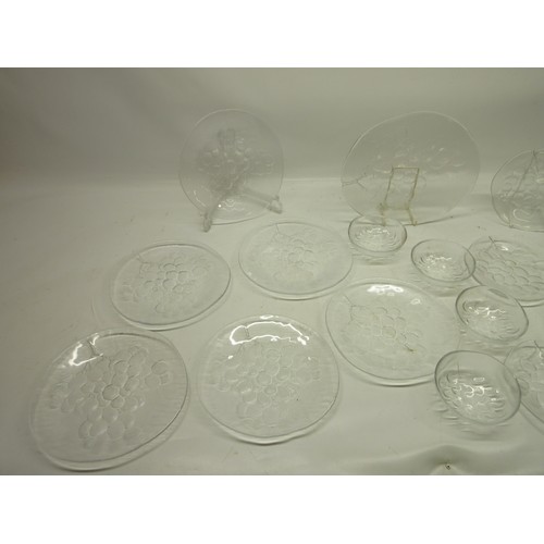 709 - Kosta Boda Sweden grape design glassware, six plates, six side plates, six fruit bowls, one cheese p... 