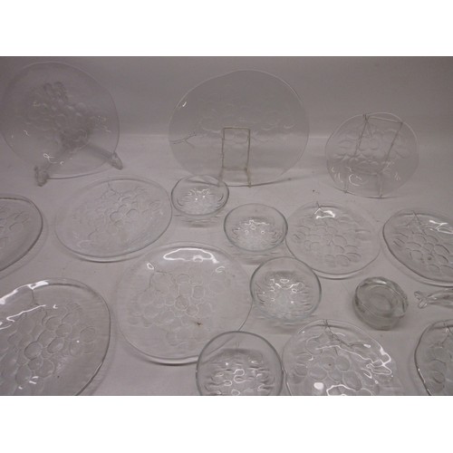 709 - Kosta Boda Sweden grape design glassware, six plates, six side plates, six fruit bowls, one cheese p... 