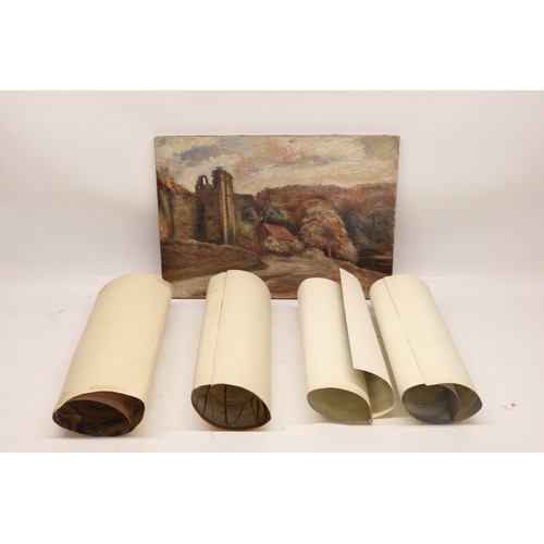 J. Burrell (British 20th century); The Rye, Carlton Helmsley and two other local watercolour landscapes, signed and dated 64, 68, 69 and a unframed similar oil painting, all unframed, 37cm x 56cm (5)