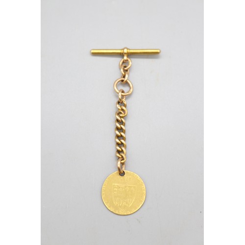 George III 22ct gold Guinea drilled and set on a 15ct hallmarked linked heavy 2" Curb link chain with hallmarked 15ct T Bar fitting and albert fitting