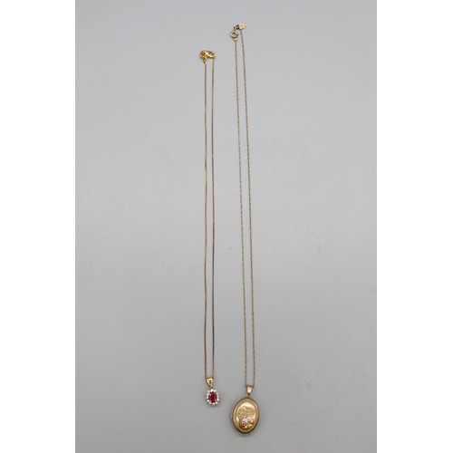 43 - Lot comprising two gold pendants and chains, including a stamped 14ct oval ruby and diamond halo pen... 