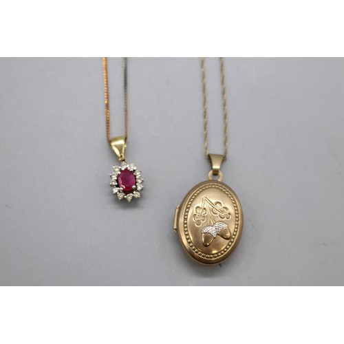 43 - Lot comprising two gold pendants and chains, including a stamped 14ct oval ruby and diamond halo pen... 
