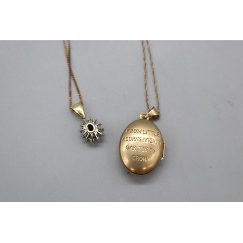 43 - Lot comprising two gold pendants and chains, including a stamped 14ct oval ruby and diamond halo pen... 