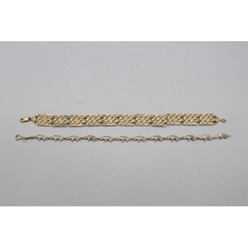 38 - Two stamped 9ct gold bracelets, comprising a stamped 9k eleven panel scrollwork bracelet, length 7