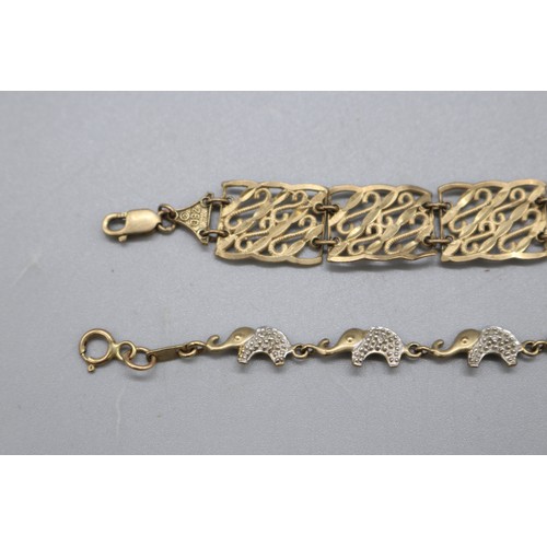 38 - Two stamped 9ct gold bracelets, comprising a stamped 9k eleven panel scrollwork bracelet, length 7