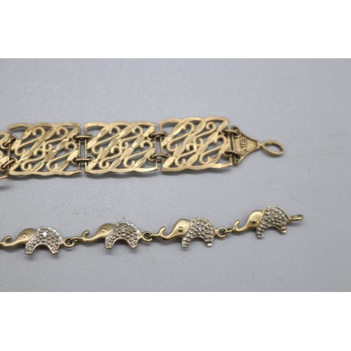 38 - Two stamped 9ct gold bracelets, comprising a stamped 9k eleven panel scrollwork bracelet, length 7