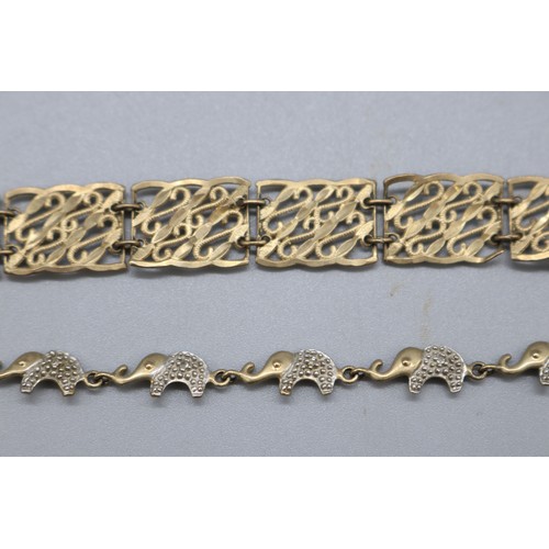38 - Two stamped 9ct gold bracelets, comprising a stamped 9k eleven panel scrollwork bracelet, length 7