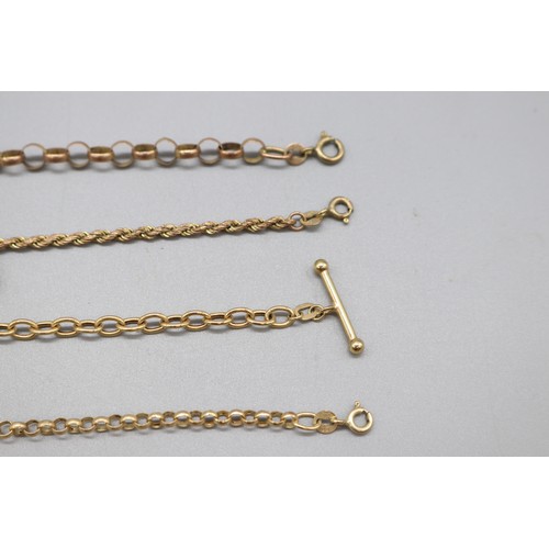 35 - Lot of four hallmarked 9ct yellow gold bracelets, comprising a stamped 9ct yellow gold oval link bel... 