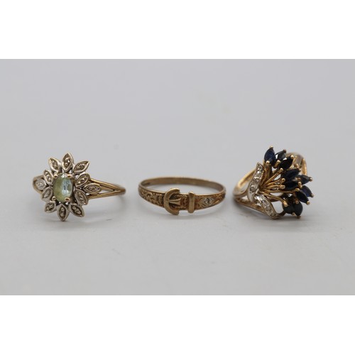 31 - Mixed lot of three 9ct yellow gold rings, comprising a hallmarked 9ct yellow gold sapphire and diamo... 