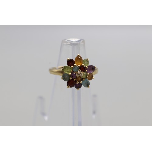 24 - Hallmarked 9ct yellow gold semi-precious stone and diamond cluster ring, size O, weight 3.09g; and a... 