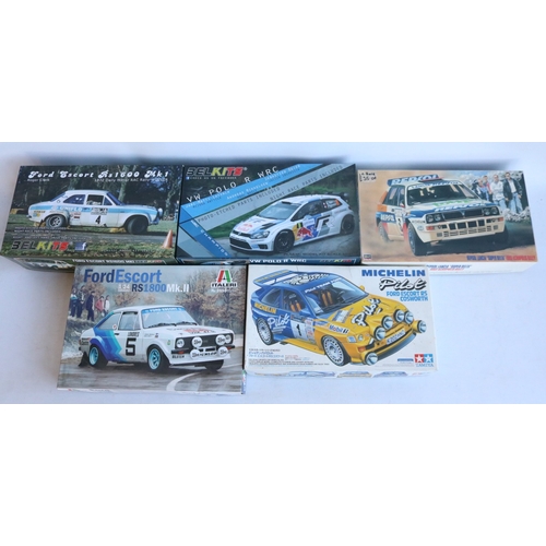 Five 1/24 scale plastic rally car model kits to include a Belkits VW ...
